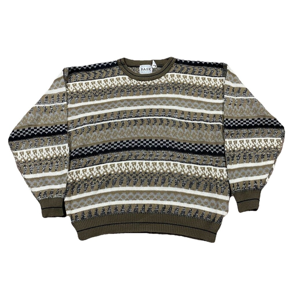 BASK Korea Acrylic Knit Sweater Vintage 90s Patterned Brown Black White Mens